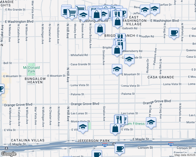 map of restaurants, bars, coffee shops, grocery stores, and more near 871 Sinaloa Avenue in Pasadena