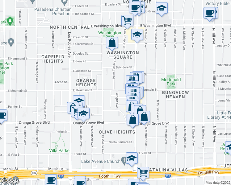 map of restaurants, bars, coffee shops, grocery stores, and more near 734 East Mountain Street in Pasadena