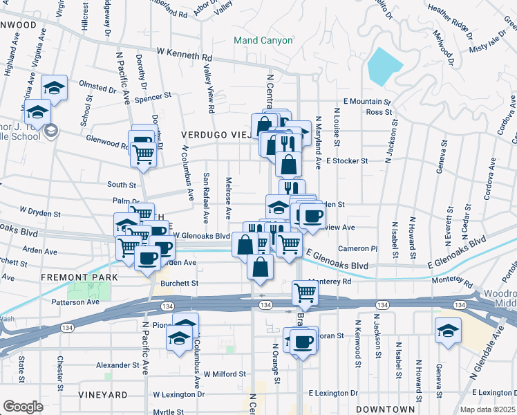 map of restaurants, bars, coffee shops, grocery stores, and more near 1051 North Central Avenue in Glendale