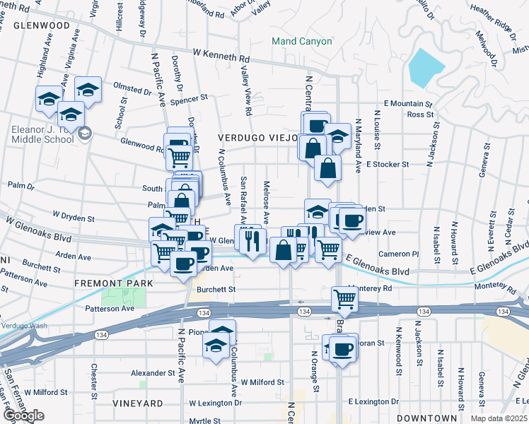 map of restaurants, bars, coffee shops, grocery stores, and more near 1025 Melrose Avenue in Glendale