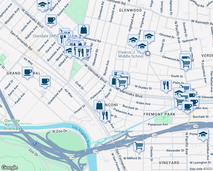 map of restaurants, bars, coffee shops, grocery stores, and more near 932 West Glenoaks Boulevard in Glendale