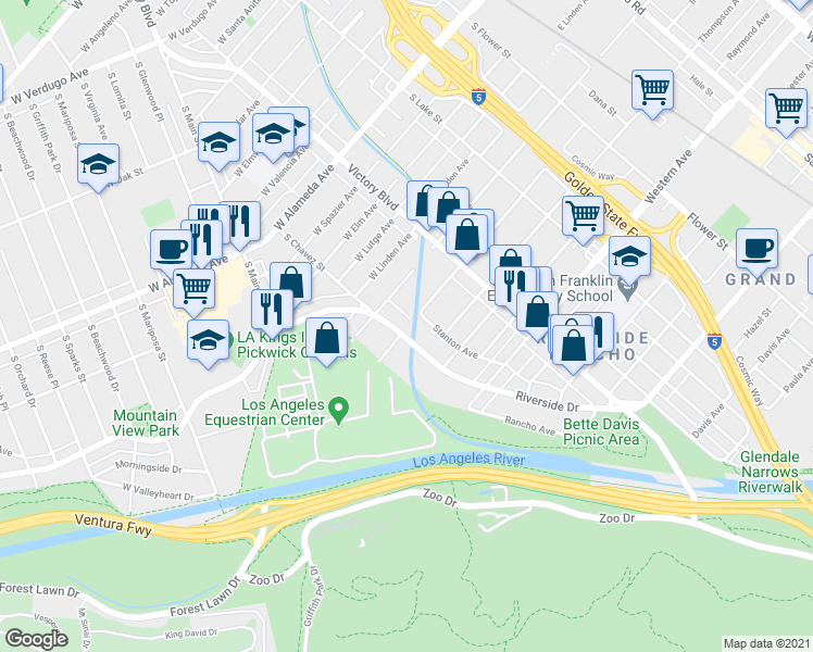 map of restaurants, bars, coffee shops, grocery stores, and more near 1809 Riverside Drive in Glendale