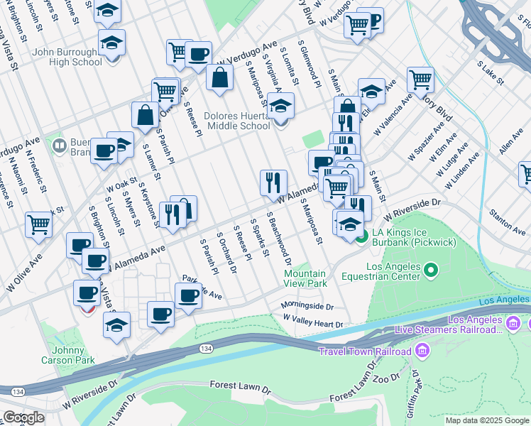map of restaurants, bars, coffee shops, grocery stores, and more near 510 South Sparks Street in Burbank