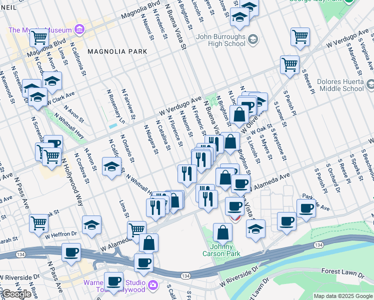 map of restaurants, bars, coffee shops, grocery stores, and more near 219 North Florence Street in Burbank