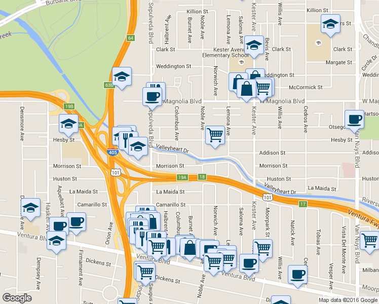 map of restaurants, bars, coffee shops, grocery stores, and more near 12946 Valleyheart Dr in Studio City