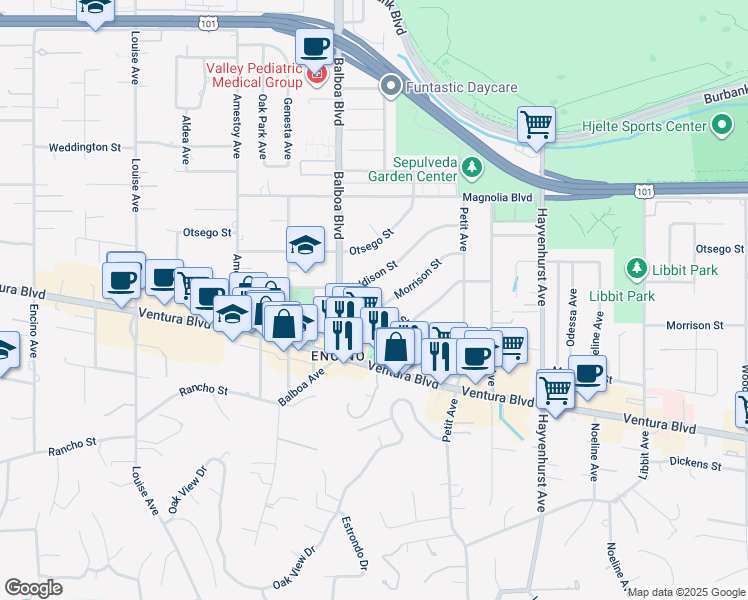map of restaurants, bars, coffee shops, grocery stores, and more near 16815 Moorpark Street in Los Angeles