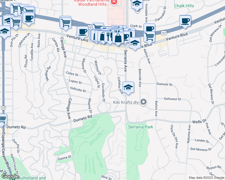 map of restaurants, bars, coffee shops, grocery stores, and more near 20944 De Mina Street in Los Angeles
