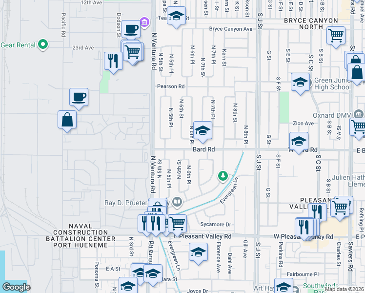 map of restaurants, bars, coffee shops, grocery stores, and more near 546 Bard Road in Port Hueneme