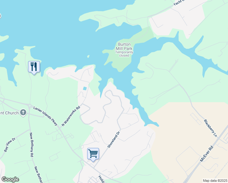 map of restaurants, bars, coffee shops, grocery stores, and more near 3441 Shoreland Drive in Buford