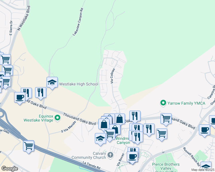 map of restaurants, bars, coffee shops, grocery stores, and more near 1019 Via Colinas in Westlake Village