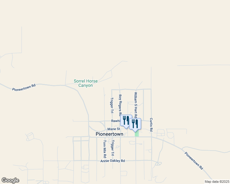 map of restaurants, bars, coffee shops, grocery stores, and more near Kimosabe Road in Pioneertown