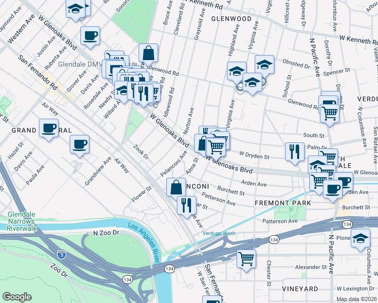 map of restaurants, bars, coffee shops, grocery stores, and more near 938 West Glenoaks Boulevard in Glendale