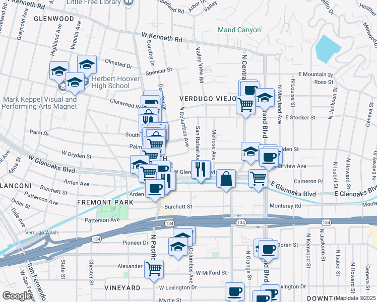 map of restaurants, bars, coffee shops, grocery stores, and more near 347 West Dryden Street in Glendale