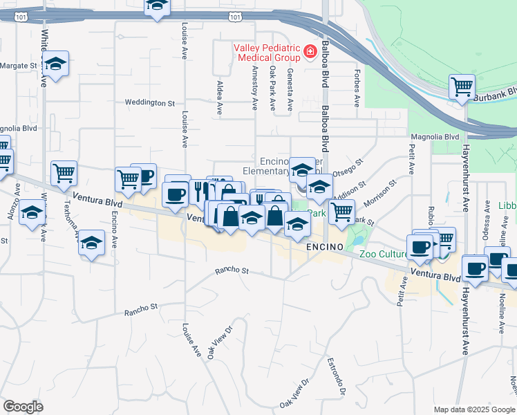 map of restaurants, bars, coffee shops, grocery stores, and more near 5032 Amestoy Avenue in Los Angeles