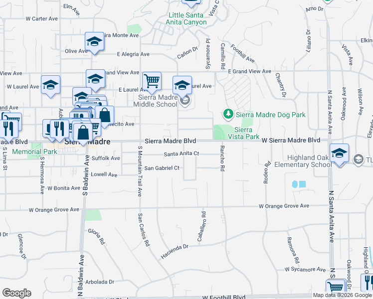 map of restaurants, bars, coffee shops, grocery stores, and more near 100 Holdman Avenue in Sierra Madre