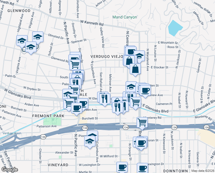 map of restaurants, bars, coffee shops, grocery stores, and more near 1035 Melrose Avenue in Glendale