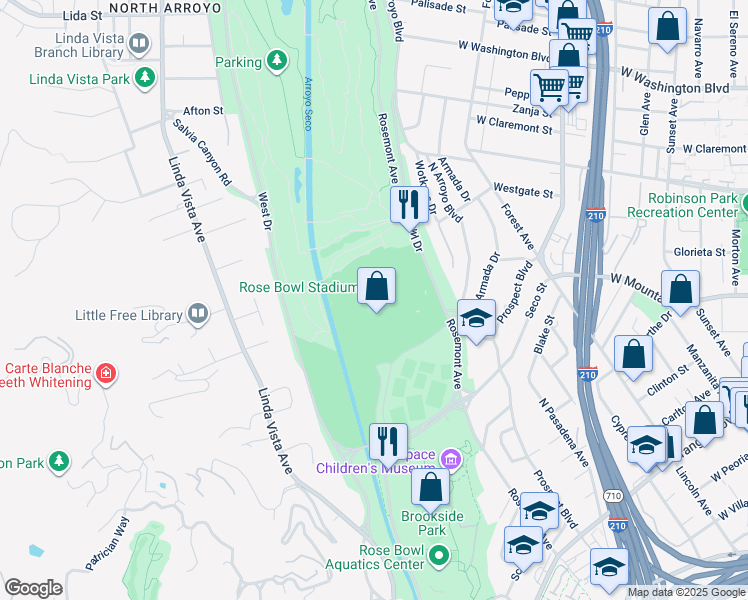 map of restaurants, bars, coffee shops, grocery stores, and more near 1001 Rose Bowl Drive in Pasadena
