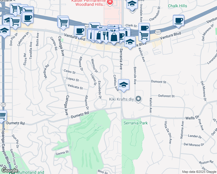 map of restaurants, bars, coffee shops, grocery stores, and more near 20944 De Mina Street in Los Angeles