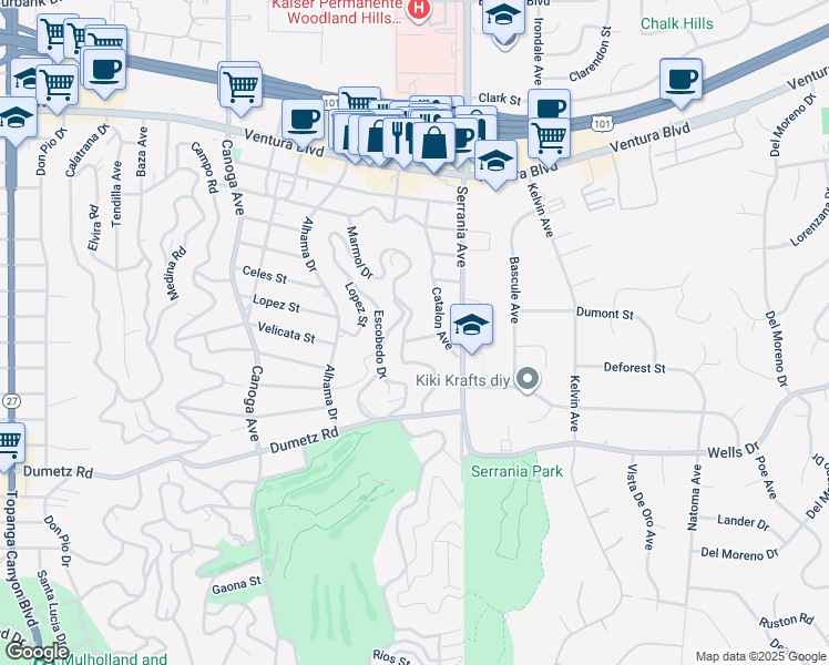 map of restaurants, bars, coffee shops, grocery stores, and more near 20955 De Mina Street in Los Angeles