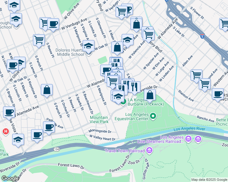 map of restaurants, bars, coffee shops, grocery stores, and more near 648 South Mariposa Street in Burbank