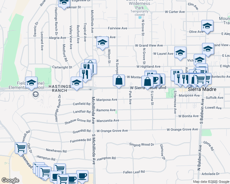 map of restaurants, bars, coffee shops, grocery stores, and more near 590 West Sierra Madre Boulevard in Sierra Madre