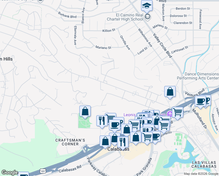 map of restaurants, bars, coffee shops, grocery stores, and more near 23908 Long Valley Road in Hidden Hills