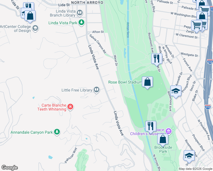 map of restaurants, bars, coffee shops, grocery stores, and more near 888 Linda Vista Avenue in Pasadena