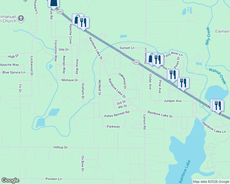map of restaurants, bars, coffee shops, grocery stores, and more near 3551 Rainbow Lake Drive in Lake of the Woods