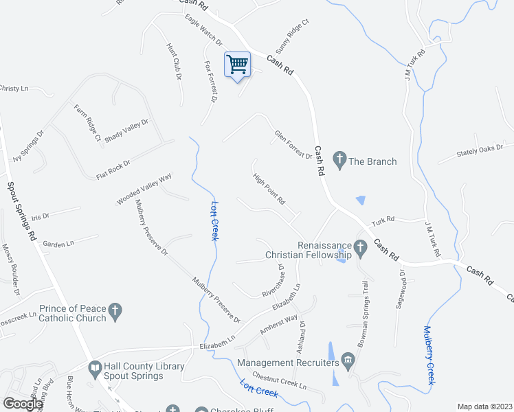 map of restaurants, bars, coffee shops, grocery stores, and more near 5148 Scenic View Road in Flowery Branch