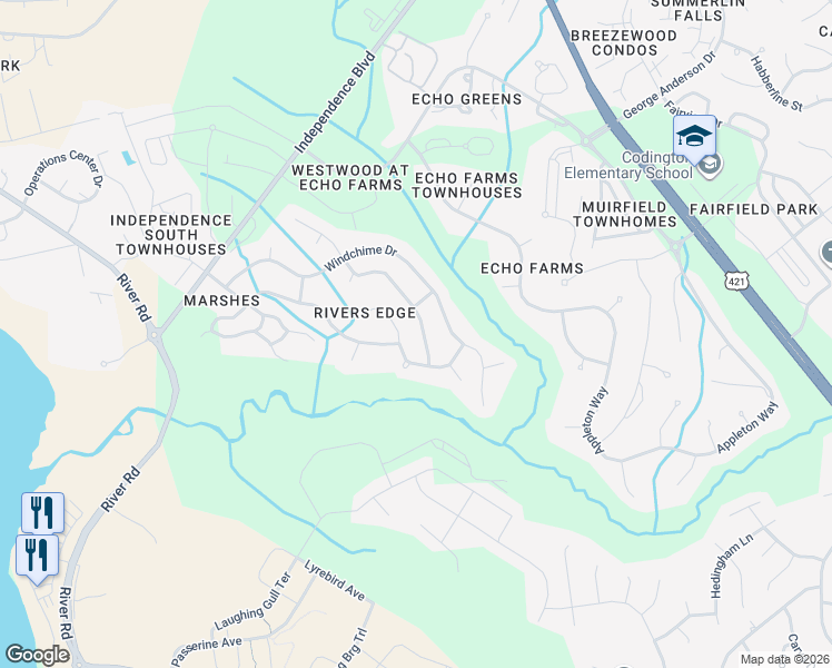 map of restaurants, bars, coffee shops, grocery stores, and more near 4130 Rounding Bend Lane in Wilmington