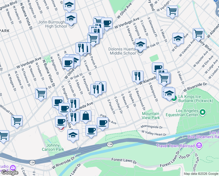 map of restaurants, bars, coffee shops, grocery stores, and more near 427 South Orchard Drive in Burbank