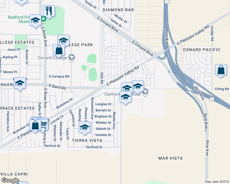 map of restaurants, bars, coffee shops, grocery stores, and more near 2165 Curran Street in Oxnard