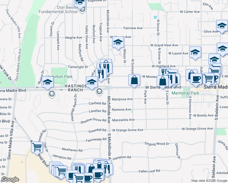 map of restaurants, bars, coffee shops, grocery stores, and more near 708 West Sierra Madre Boulevard in Sierra Madre