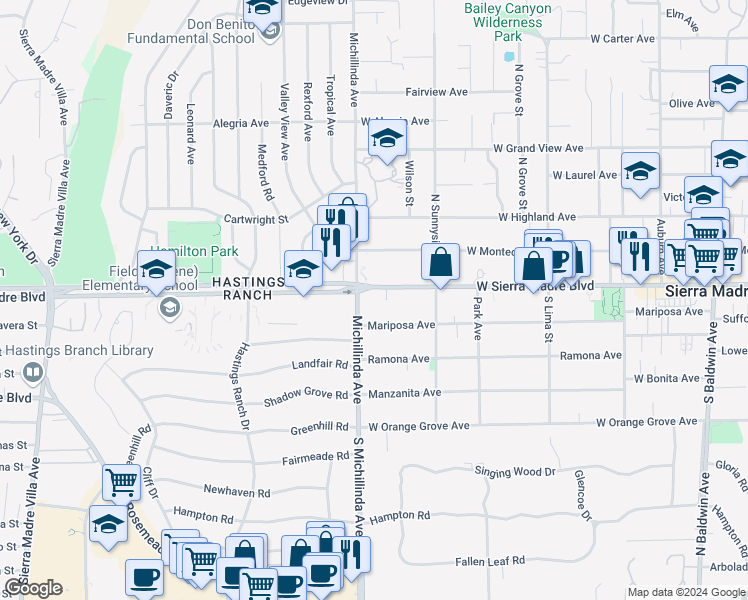 map of restaurants, bars, coffee shops, grocery stores, and more near 704 West Sierra Madre Boulevard in Sierra Madre