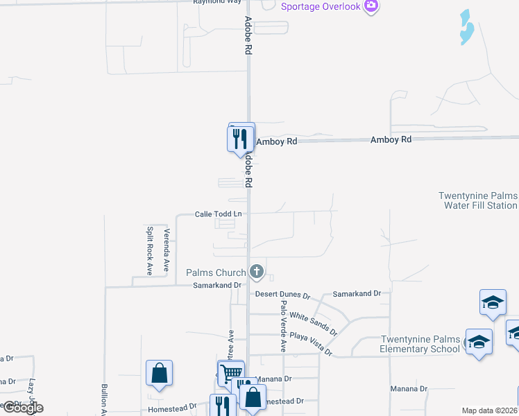 map of restaurants, bars, coffee shops, grocery stores, and more near 4973 Adobe Road in Twentynine Palms