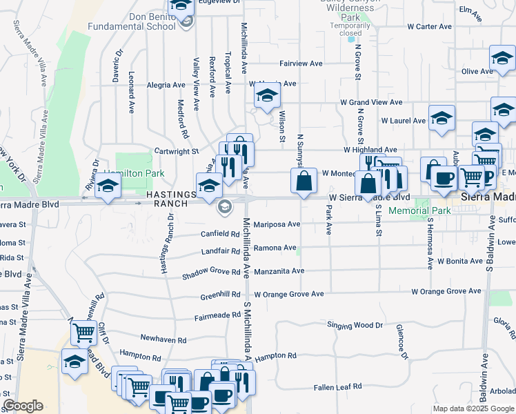 map of restaurants, bars, coffee shops, grocery stores, and more near 704 West Sierra Madre Boulevard in Sierra Madre