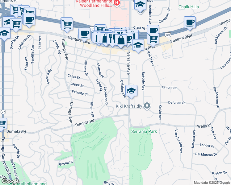 map of restaurants, bars, coffee shops, grocery stores, and more near 20955 De Mina Street in Los Angeles