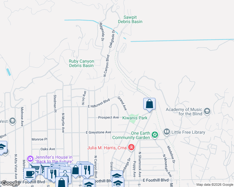 map of restaurants, bars, coffee shops, grocery stores, and more near 438 Crestview Place in Monrovia