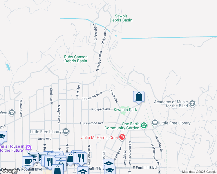 map of restaurants, bars, coffee shops, grocery stores, and more near 438 Crestview Place in Monrovia