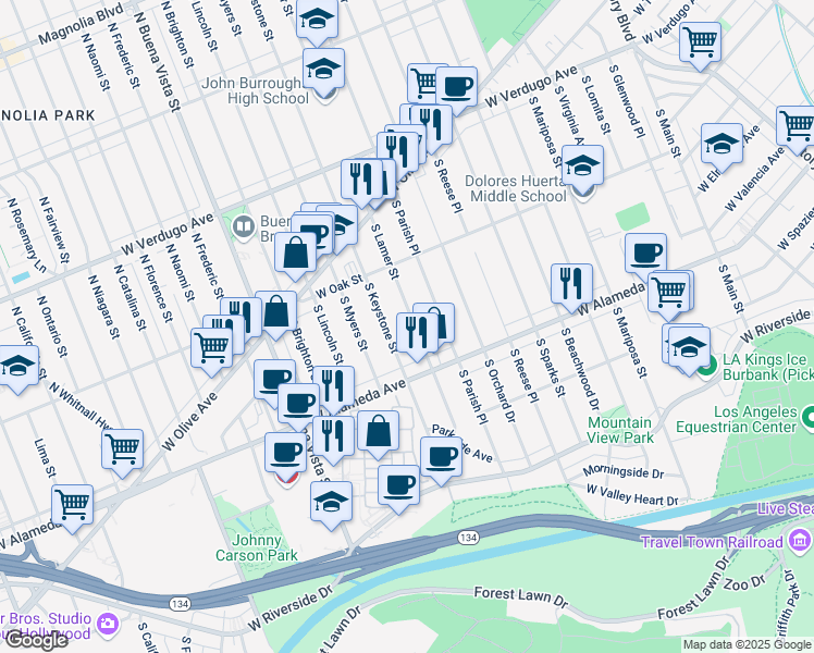 map of restaurants, bars, coffee shops, grocery stores, and more near 312 South Keystone Street in Burbank