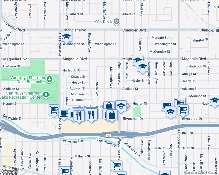 map of restaurants, bars, coffee shops, grocery stores, and more near 5003 Mammoth Avenue in Los Angeles
