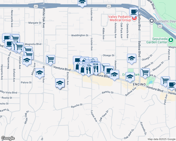 map of restaurants, bars, coffee shops, grocery stores, and more near 17308 Ventura Boulevard in Los Angeles