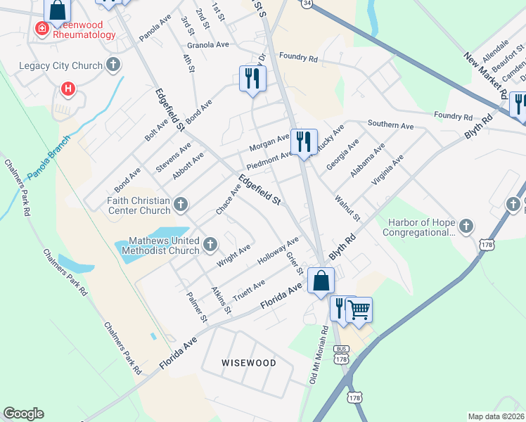 map of restaurants, bars, coffee shops, grocery stores, and more near 625 Grier Street in Greenwood