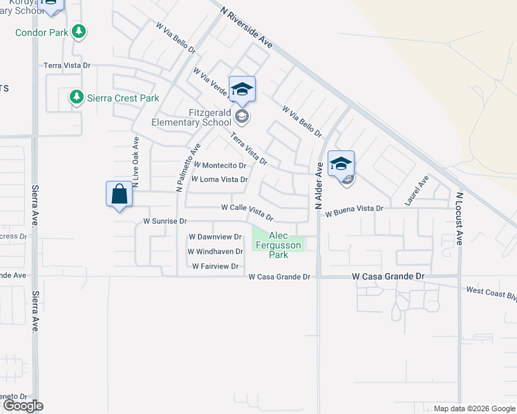 map of restaurants, bars, coffee shops, grocery stores, and more near 2507 West Calle Vista Drive in Rialto