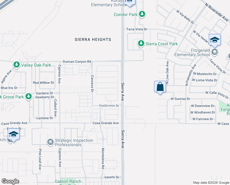 map of restaurants, bars, coffee shops, grocery stores, and more near 16776 Tulip Tree Street in Fontana