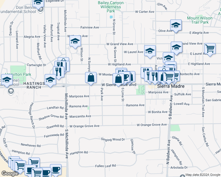 map of restaurants, bars, coffee shops, grocery stores, and more near 439 Mariposa Avenue in Sierra Madre