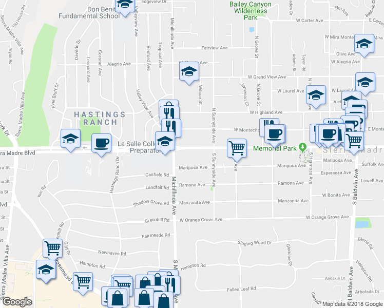 map of restaurants, bars, coffee shops, grocery stores, and more near 645 Mariposa Avenue in Sierra Madre