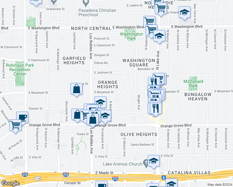 map of restaurants, bars, coffee shops, grocery stores, and more near 878 North Madison Avenue in Pasadena
