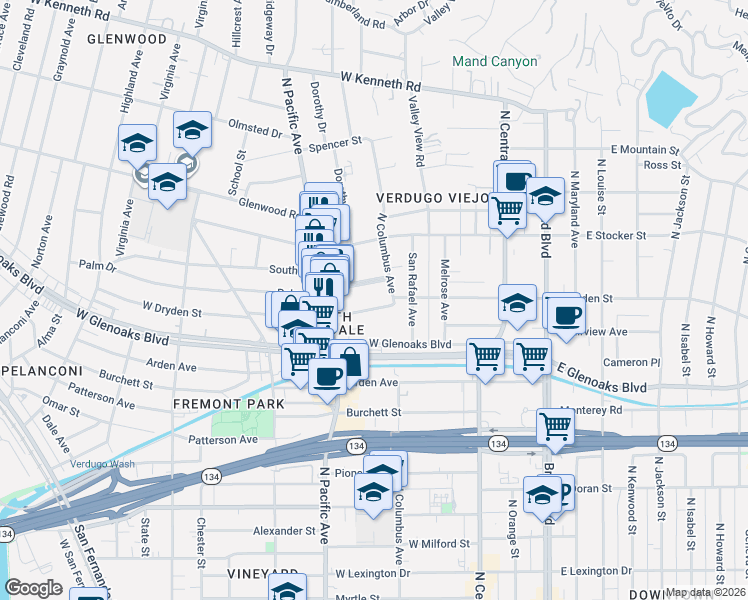 map of restaurants, bars, coffee shops, grocery stores, and more near 434 West Dryden Street in Glendale