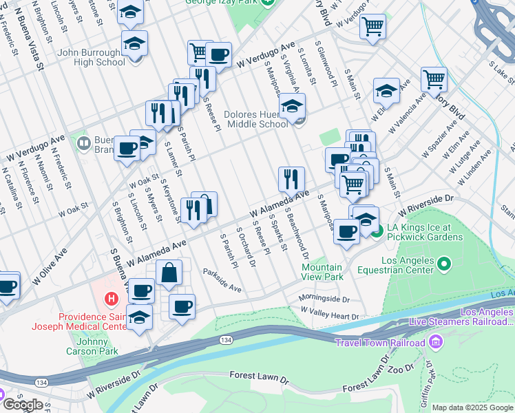 map of restaurants, bars, coffee shops, grocery stores, and more near 1701 West Alameda Avenue in Burbank
